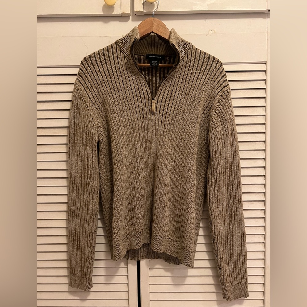 Calvin Klein, tan quarter zip ribbed turtleneck sweater, size XL